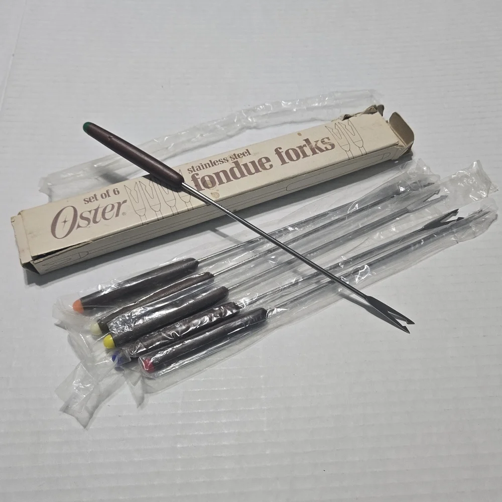 Vintage OSTER Stainless Steel FONDUE Forks MCM, colored tip fondue fork set of 6